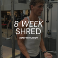 Person in a gym setting with text about an 8-week shred program.