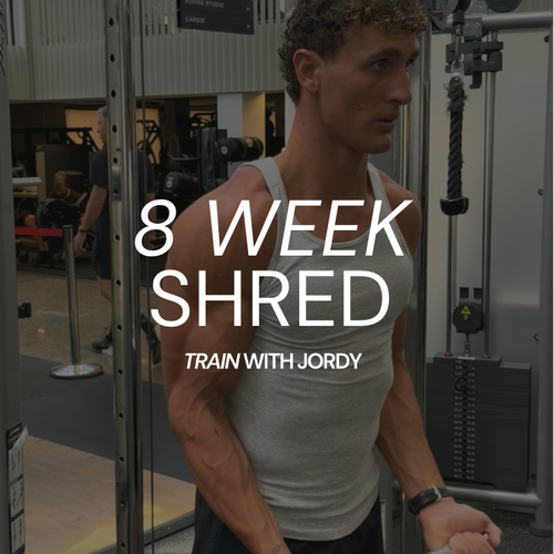 Person in a gym setting with text about an 8-week shred program.
